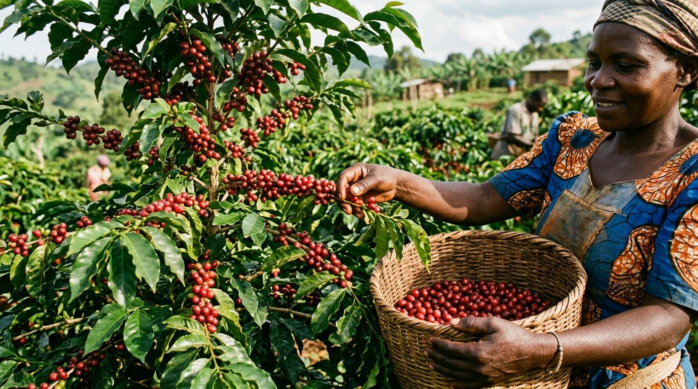 coffee-farmer-harvesting | Kori Safaris Ugandan farmer harvesting coffee cherries on a coffee farm in Uganda